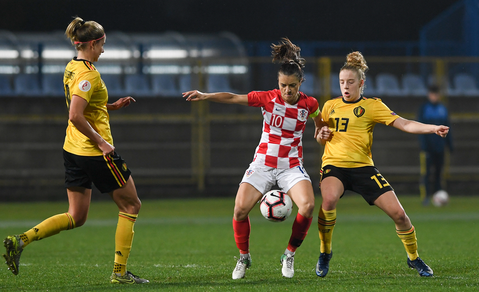 Belgium's Justine Vanhaevermaet, Croatia's Iva Landeka and Belgium's Elena Dhont pictured in action during a soccer game between Croatia and Belgium's Red Flames, Friday 08 November 2019 in Zapresic, Croatia, the third out of 8 qualification games for the women's Euro 2021 European Championships.