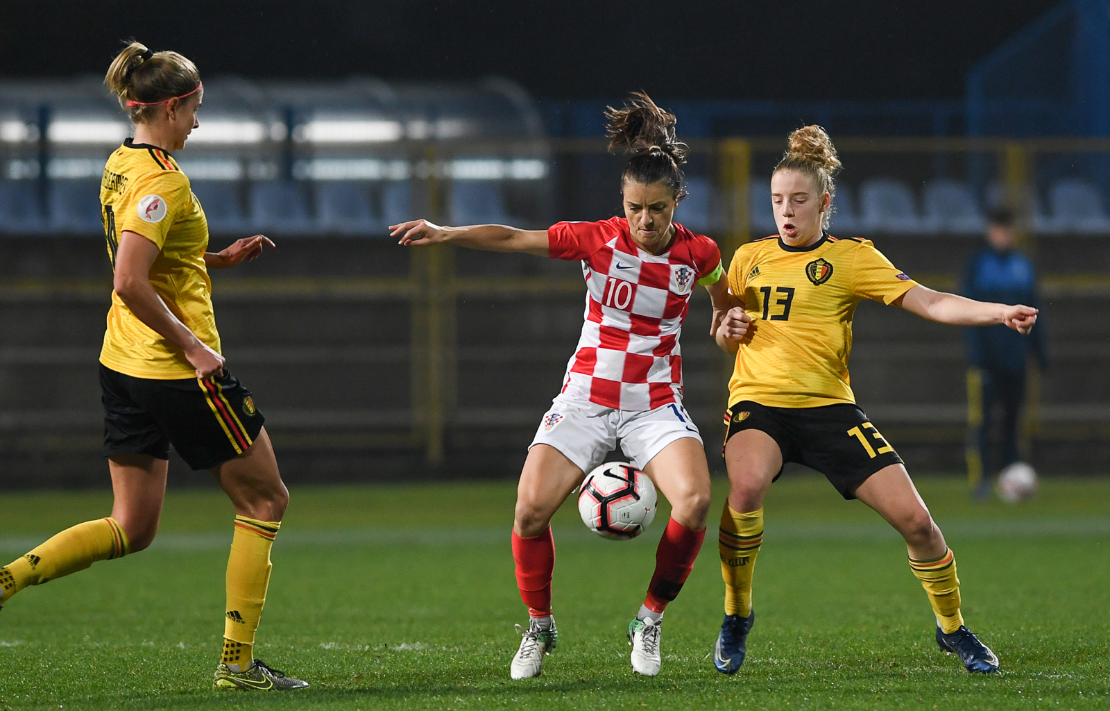 Belgium's Justine Vanhaevermaet, Croatia's Iva Landeka and Belgium's Elena Dhont pictured in action during a soccer game between Croatia and Belgium's Red Flames, Friday 08 November 2019 in Zapresic, Croatia, the third out of 8 qualification games for the women's Euro 2021 European Championships.